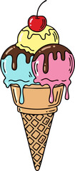 ice cream cones with colorful swirls in a row on white background, ideal for dessert and summer-themed design