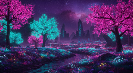 Beautiful fantasy landscape. Magical, fabulous neon glow.