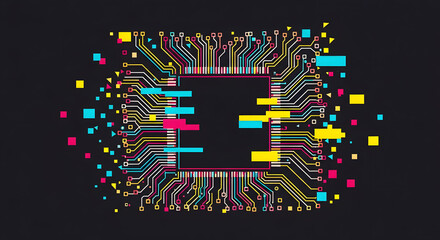 Abstract illustration of a futuristic computer microchip experiencing a colorful digital glitch, symbolizing data processing and technological disruption