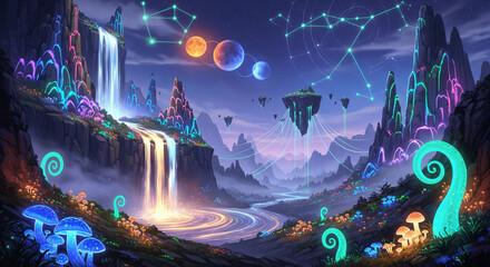 Beautiful fantasy landscape. Magical, fabulous neon glow.