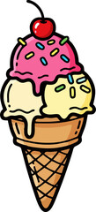 ice cream cones with colorful swirls in a row on white background, ideal for dessert and summer-themed design
