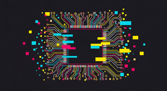 Abstract illustration of a futuristic computer microchip experiencing a colorful digital glitch, symbolizing data processing and technological disruption - Powered by Adobe