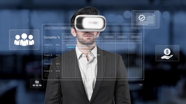 A business professional utilizing virtual reality technology in a modern office setting, showcasing digital analytics and interactive graphics for project management. Raster
