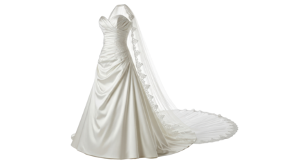 Elegant Wedding Dress with Lace Veil isolated PNG with Transparent Background