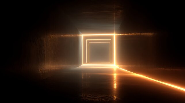 Abstract dark tunnel with glowing neon square frames, creating a futuristic and immersive experience for the viewer
