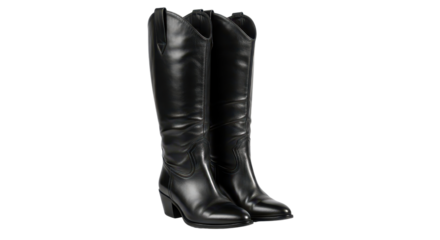 Pair of black leather knee high boots for fashion concepts isolated PNG with Transparent Background
