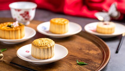 A horizontal still-life of baked goods like cookies, crackers, or dim sum on elegant ceramic or porcelain plates.