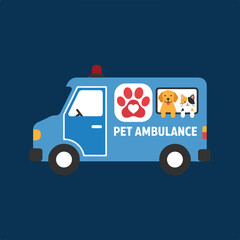 A blue pet ambulance with a red paw print, dog, and cat is displayed on a dark blue background, portraying a playful and caring image for animal emergency services. © Ahmad