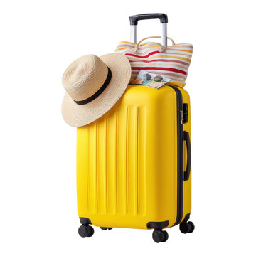 Prepare for summer adventures vibrant suitcase straw hat and seasonal flyers ready to go, isolated on transparent background