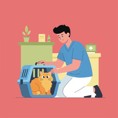 An illustration depicts a man kneeling next to a pet carrier with a fluffy orange cat inside, set against a coral background with medical supplies.