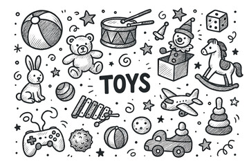 Hand-drawn sketch of classic toys including teddy bear, drum, and toy car