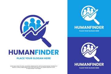 Human Finder logo with a magnifying glass over a group of people and a growth chart. Perfect for recruitment agencies, HR departments, and talent search firms.