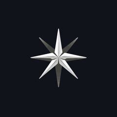 A silver, eight-pointed star emblem with a subtle shadow, set against a dark blue background.