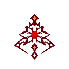 Abstract geometric design with a central red circle and maroon symmetrical shapes on a white background.