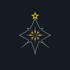 Fototapeta premium Stylized Christmas tree illustration with a star on top and snowflake design, against a dark background.