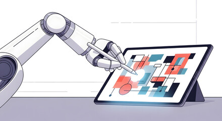 Futuristic robotic arm precisely manipulating digital interface on a tablet, showcasing advanced AI in data processing, design, and interactive technology