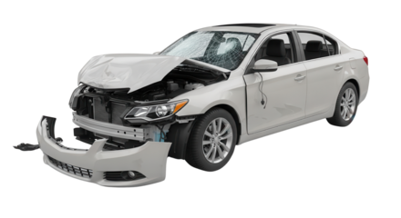 Crashed silver sedan with front end damage isolated PNG with Transparent Background