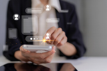 Professional adult hands operating smartphone digital interface manage online communication business data network connectivity modern technology solutions