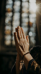 in prayer with a rosary held tightly, soft light in background