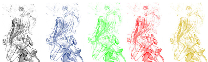  Vertical plumes of colorful smoke: black, blue, green, red, and yellow on white background