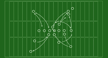 An intricate strategic diagram of an American football play is meticulously illustrated on a vibrant green NFL field, showcasing player movements and tactical formations.
