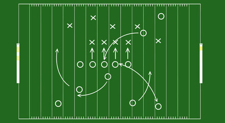 A dynamic American football play diagram, illustrating strategic offensive and defensive formations on a vibrant green field, is ideal for game analysis.