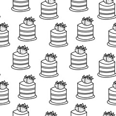 Seamless bakery pattern with layered cakes and strawberries