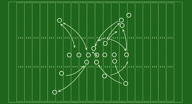 An intricate strategic diagram of an American football play is meticulously illustrated on a vibrant green NFL field, showcasing player movements and tactical formations.