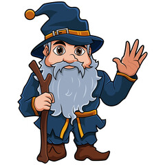 Cartoon Wizard with Staff,Waving Hand