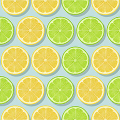 Fototapeta premium trendy sunlight summer pattern made with lemon slices on light blue background.minimal tropical summer concept.