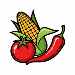 Vibrant Corn Tomato and Chili Pepper Illustration with Bold Outlines.