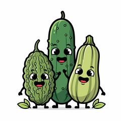 Cartoon Vegetables Bitter Melon Cucumber and Zucchini with Smiling Faces.