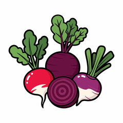 Cartoon Vegetables Beets Radish and Turnip with Bold Outlines and Vibrant Colors.