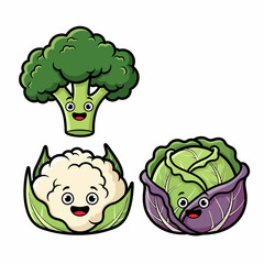 Cartoon Vegetables Broccoli Cauliflower and Red Cabbage with Smiling Faces.