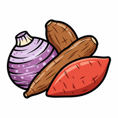 Cartoonish Root Vegetables Turnip Cassava and Sweet Potato Illustration.