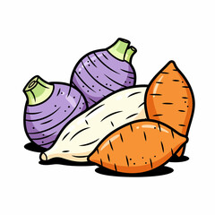 Cartoonish Root Vegetables Turnips Daikon Radish and Sweet Potatoes Illustration.