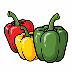 Cartoonish Red Yellow and Green Bell Peppers with Bold Outlines and Glossy Highlights.