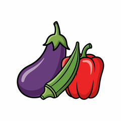 Cartoonish Still Life Eggplant Okra and Red Bell Pepper with Bold Outlines.
