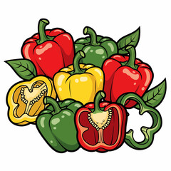 Cartoonish pile of vibrant red green and yellow bell peppers with leaves.