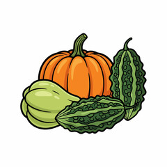 Cartoonish Still Life of Pumpkin Butternut Squash and Bitter Melon.