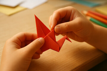 Kids hands fold red paper to complete a classic origami crane, focused on the precise details.
