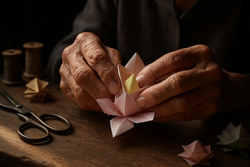 Senior hands folding a beautiful, colorful modular origami lotus flower on a dark, rustic table.