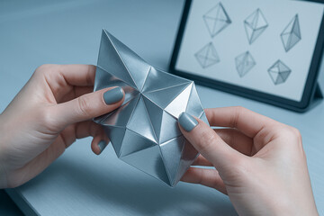 Hands delicately fold a geometric silver modular origami model, highlighting innovation and design.