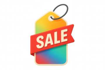 Rainbow gradient price tag showing a red banner with sale lettering, representing discount and promotion concepts