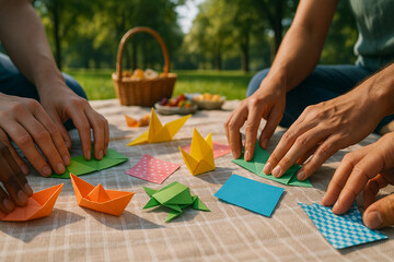 Close-up of hands folding colorful origami paper at a casual outdoor park gathering with friends.
