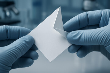 Scientific origami: Hands in blue gloves precisely fold a sterile white material for advanced experiments.