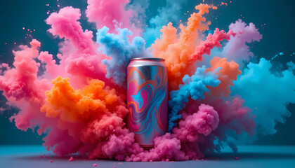 A vibrant explosion of colorful powder surrounds a sleek aluminum can, creating a dynamic and eyecatching scene