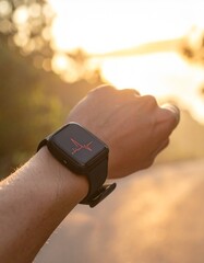 Close-up of a wrist wearing a black smartwatch in golden light.