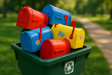 A vibrant pile of red, blue, and yellow mailboxes sit atop a green recycling container in a park.