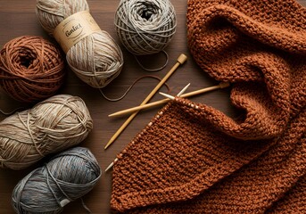 A cozy overhead view of knitting supplies, including balls of yarn in earthy tones and wooden knitting needles with a partially completed textured fabric.